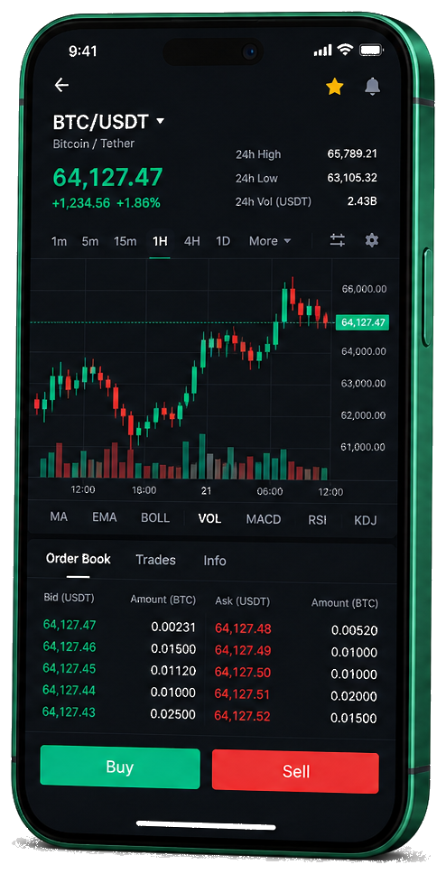 Interface mobile de trading NaPoleonX — cours BTC/USDT en temps réel, carnet d’ordres et outils de suivi des transactions